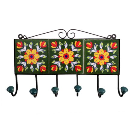 Forest Green Yellow Floral Tiles Hooks